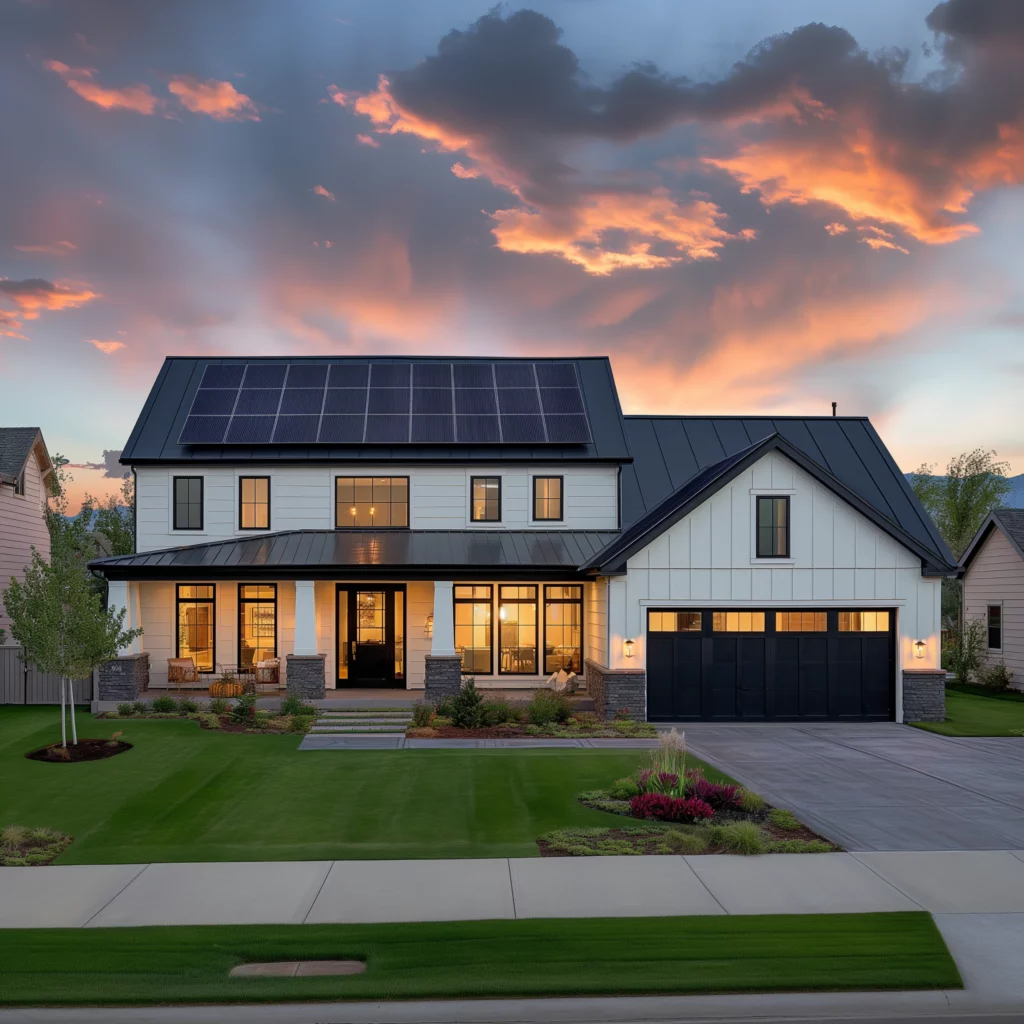 white house with black roof and solar panels